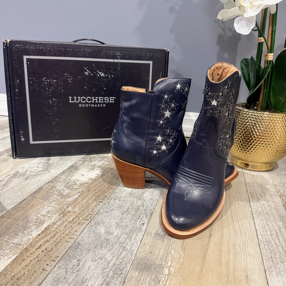 Lucchese Women's Blue Star Ankle Boots - NY Cow Zip Booties Lil Stars - Stardust - Picture 3 of 13